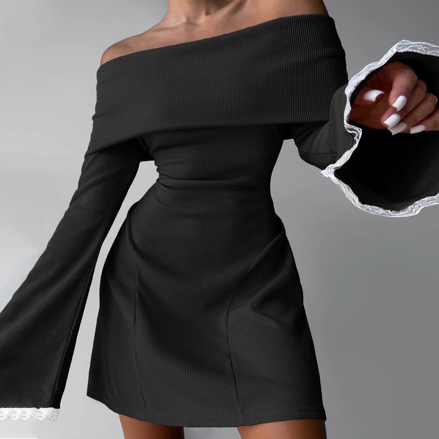 Shemoda: Lexi Off-shoulder Dress | Nüra - Discover the Lexi Off-shoulder Dress by Shemoda: a chic bodycon mini with ruffled neckline, bell sleeves, and lace trim for a modern, romantic look. - $22.00