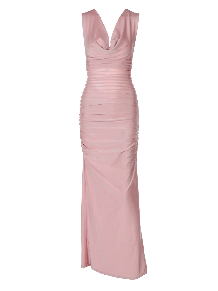 Shemoda: Dahlia Luxe Dress | Nüra - Discover elegance with Shemoda's Dahlia Luxe Dress. Featuring a draped cowl neckline, ruched bodice, and subtle slit for a flattering silhouette. - $25.00