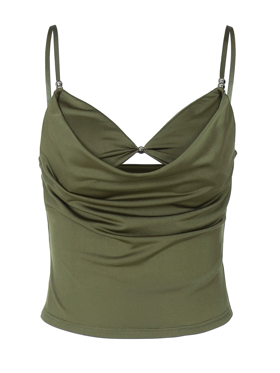 Shemoda: Gia Cut-Out Camisole | Nüra - Elevate your style with Shemoda's Gia Cut-Out Camisole. Slim-fit, draped cowl neckline, silver ring detail, and delicate straps for chic comfort. - $18.00