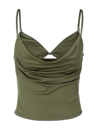 Shemoda: Gia Cut-Out Camisole | Nüra - Elevate your style with Shemoda's Gia Cut-Out Camisole. Slim-fit, draped cowl neckline, silver ring detail, and delicate straps for chic comfort. - $18.00
