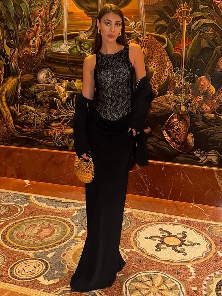 Shemoda: Ava Evening Dress | Nüra - Elevate your style with Shemoda's Ava Evening Dress. Luxe black gown with lace bodice & satin skirt, perfect for weddings & formal events. - $28.00