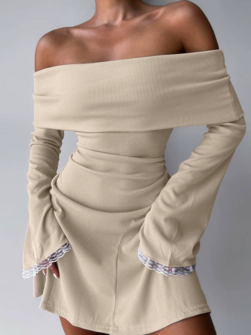 Shemoda: Lexi Off-shoulder Dress | Nüra - Discover the Lexi Off-shoulder Dress by Shemoda: a chic bodycon mini with ruffled neckline, bell sleeves, and lace trim for a modern, romantic look. - $22.00