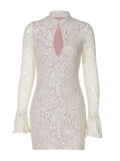 Shemoda: Ivory Lace Dress | Nüra - Discover elegance with Shemoda's Ivory Lace Dress. Featuring floral lace, a slim fit, and flared cuffs, it's perfect for any refined occasion. - $31.00