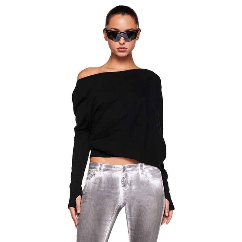 Shemoda: Riley Edge Tee | Nüra - Discover the Riley Edge Tee by Shemoda: a stylish, off-shoulder long sleeve top with an elastic waist and bare finger detail for modern elegance. - $19.00