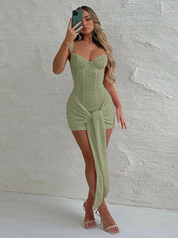 Shemoda: Oriana Mini Dress | Nüra - Discover elegance with Shemoda's Oriana Mini Dress. Featuring a corset bodice, lace overlay, and stretch fabric for a chic, comfortable fit. - $36.00
