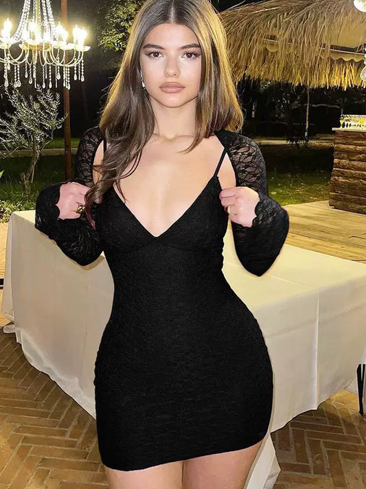 Shemoda: Fiora Lace Dress | Nüra - Elevate your style with Shemoda's Fiora Lace Dress: a V-neck suspender dress with lace detailing and a chic cover, blending elegance and allure. - $28.00