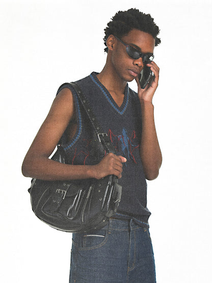 MASONPRINCE workwear style high-quality glossy leather curved knife locomotive bag/crossbody boutique bag