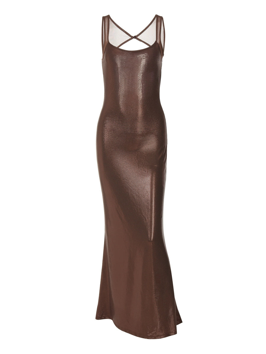 Shemoda: Thalia Maxi Dress | Nüra - Shine in Shemoda's Thalia Maxi Dress with sequins, lace, and snakeskin texture. Fitted silhouette, criss-cross straps, and flared skirt for elegance. - $24.00