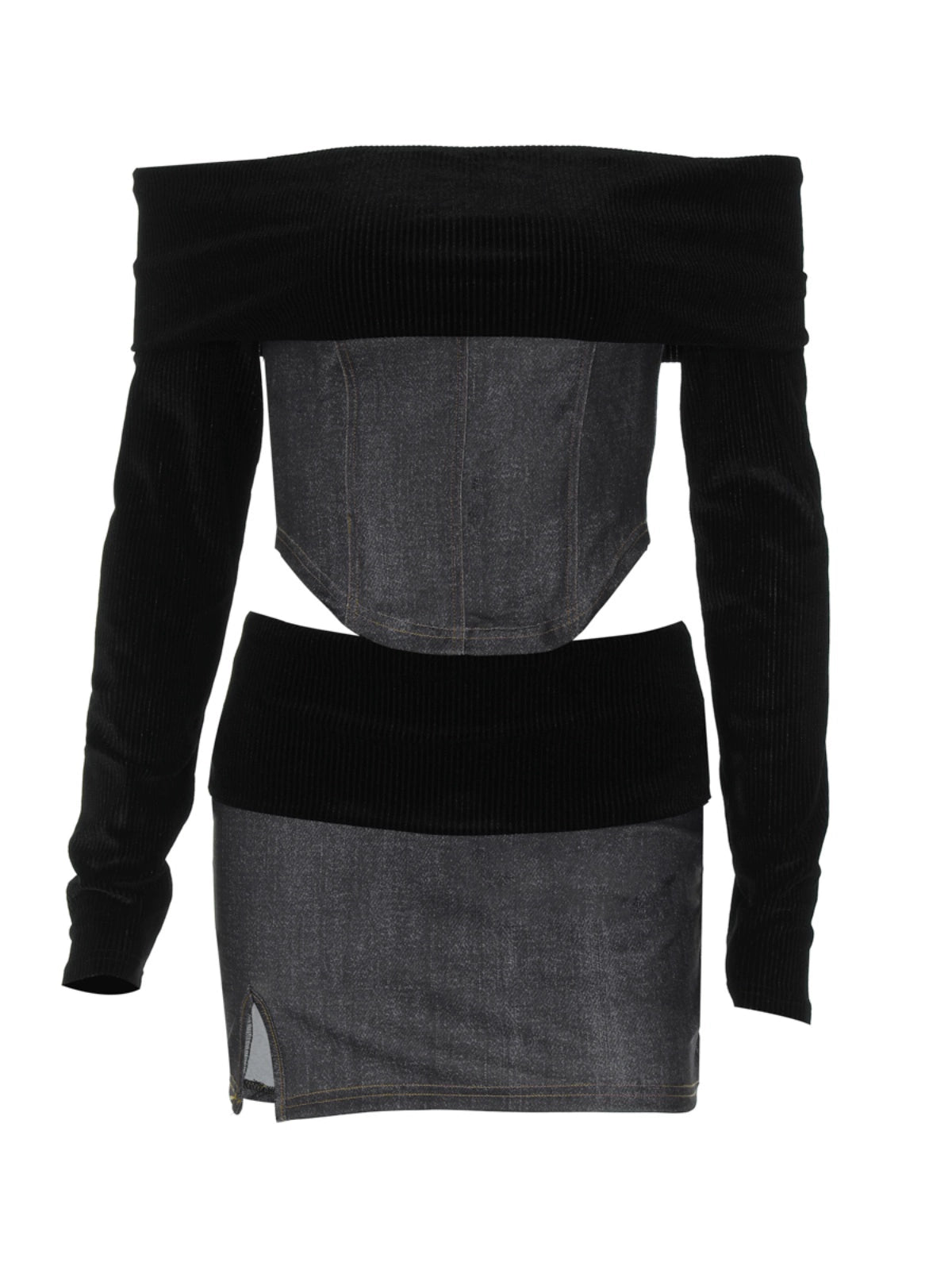 Shemoda: Vex Two Piece Dress | Nüra - Discover Shemoda's Vex Two Piece Dress: an off-shoulder top and mini skirt with ribbed and denim-like fabrics for a chic, modern style. - $25.00