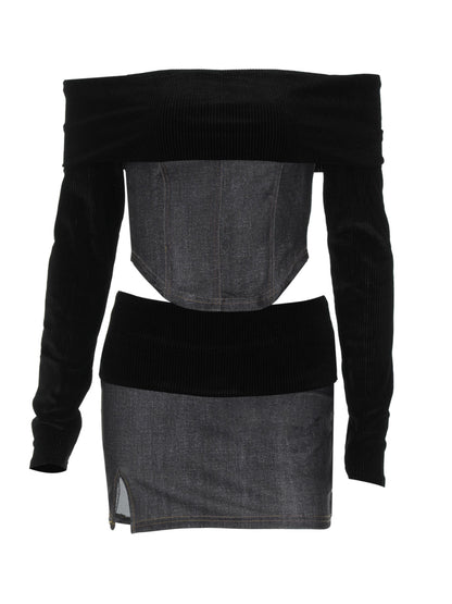 Shemoda: Vex Two Piece Dress | Nüra - Discover Shemoda's Vex Two Piece Dress: an off-shoulder top and mini skirt with ribbed and denim-like fabrics for a chic, modern style. - $25.00