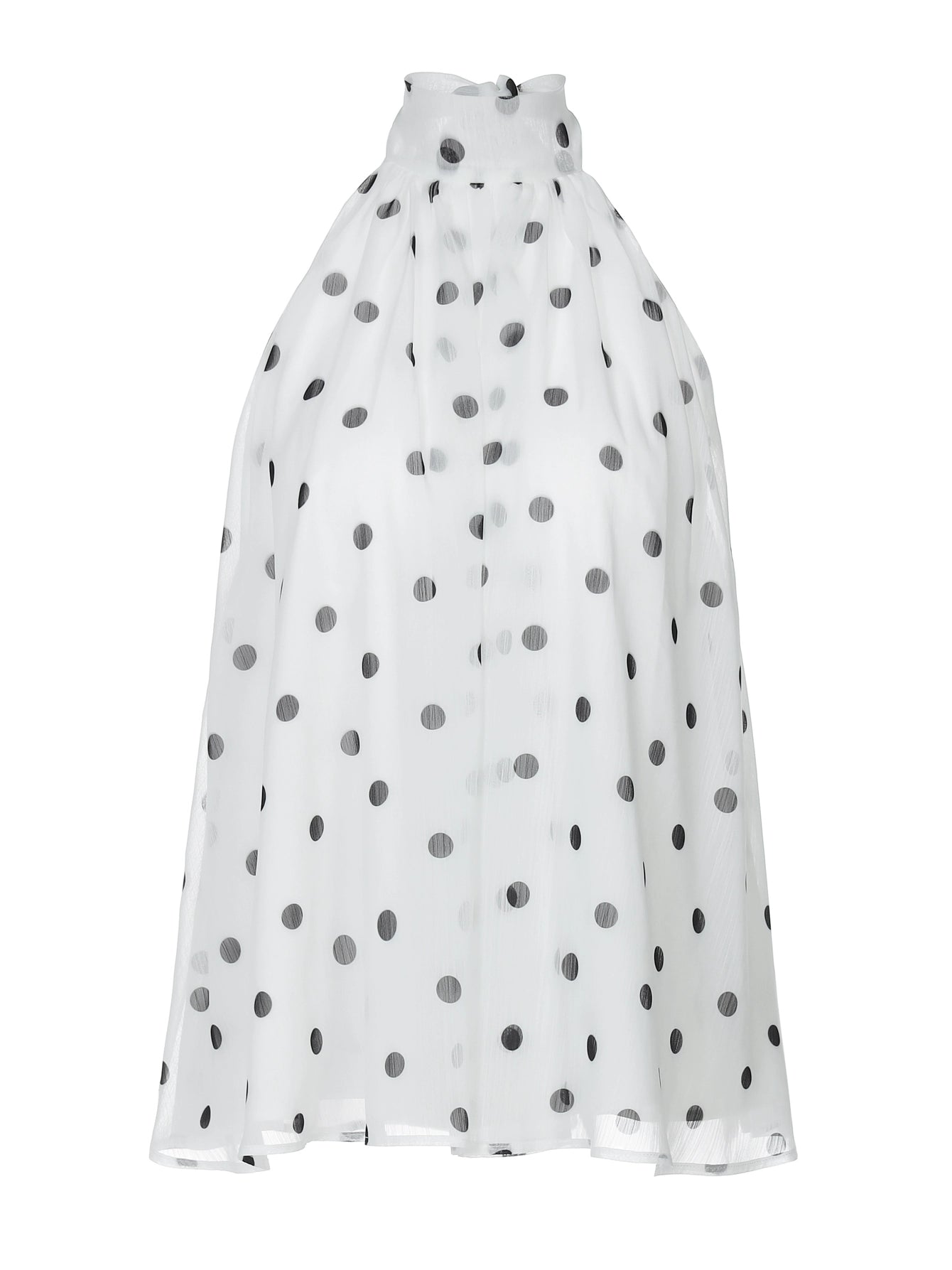 Shemoda: Zuri Halter Blouse | Nüra - Discover the Zuri Halter Blouse by Shemoda: a chic, backless chiffon top with playful polka dots and adjustable neck straps for versatile style. - $25.00