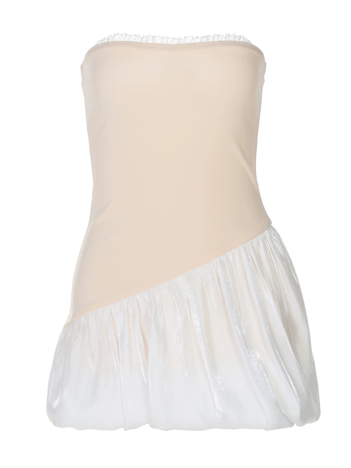 Shemoda: Daisy Bounce Dress | Nüra - Discover Shemoda's Daisy Bounce Dress: a strapless mini with a fitted bodice, asymmetrical bubble hem, and playful volume for a bold, feminine style. - $22.00