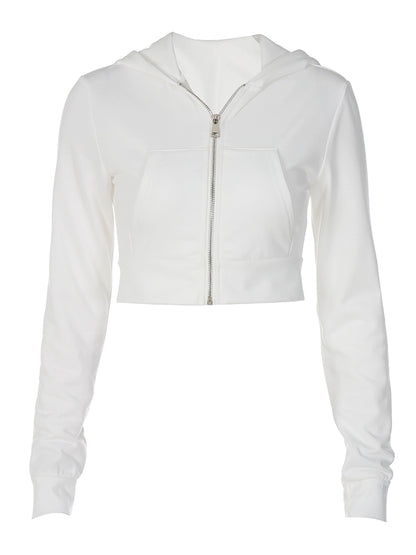 Shemoda: Aera Zip Hoodie | Nüra - Discover Shemoda's Aera Zip Hoodie: a stylish cropped, high-waisted hoodie with full zip and pockets. Perfect for layering in spring or autumn. - $19.00