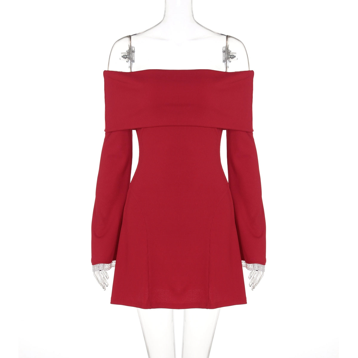 Shemoda: Lexi Off-shoulder Dress | Nüra - Discover the Lexi Off-shoulder Dress by Shemoda: a chic bodycon mini with ruffled neckline, bell sleeves, and lace trim for a modern, romantic look. - $22.00