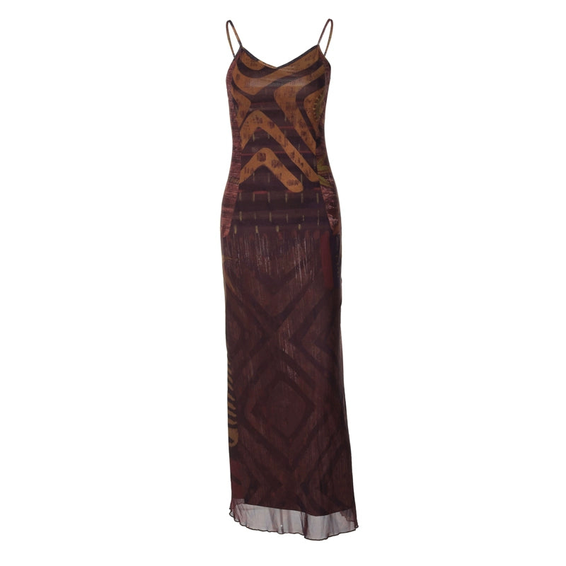 Shemoda: Zaya Slip Dress | Nüra - Discover the Zaya Slip Dress by Shemoda: a retro mesh design with a body-hugging fit, V-neck, backless cut, tribal print, and flared hem. - $22.00