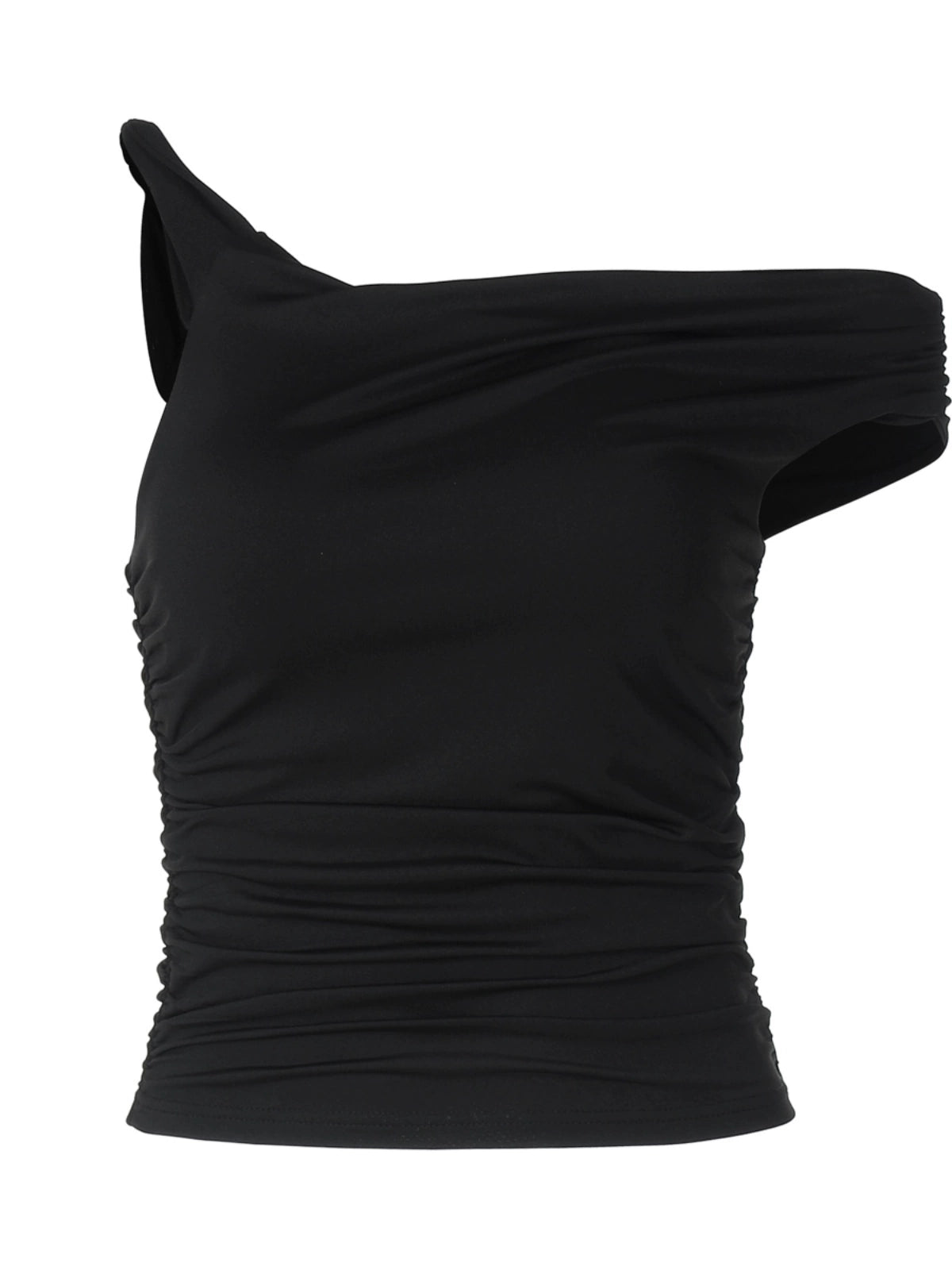 Shemoda: Sera Slant Tee | Nüra - Discover the chic Sera Slant Tee by Shemoda: a single-shoulder, asymmetrical design with ruching for a slim fit. Perfect for modern, everyday style. - $17.00