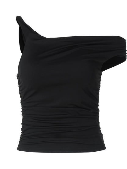 Shemoda: Sera Slant Tee | Nüra - Discover the chic Sera Slant Tee by Shemoda: a single-shoulder, asymmetrical design with ruching for a slim fit. Perfect for modern, everyday style. - $17.00