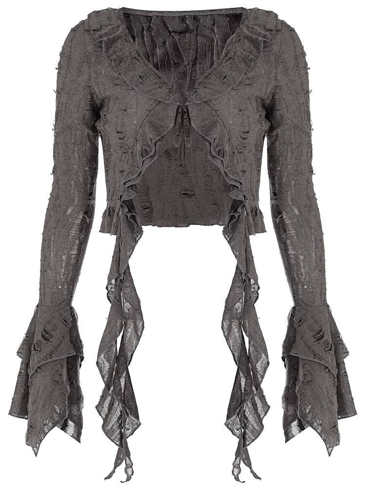 Shemoda: Fern Boho Top | Nüra - Discover Shemoda's Fern Boho Top: a long-sleeve, semi-transparent beauty with ruffles. Slim fit for a flattering silhouette. Perfect for any occasion! - $24.00