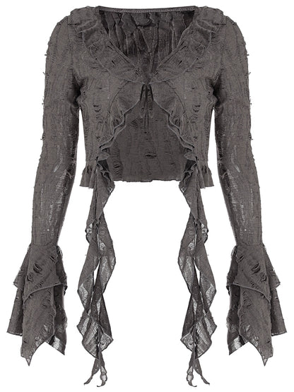 Shemoda: Fern Boho Top | Nüra - Discover Shemoda's Fern Boho Top: a long-sleeve, semi-transparent beauty with ruffles. Slim fit for a flattering silhouette. Perfect for any occasion! - $24.00