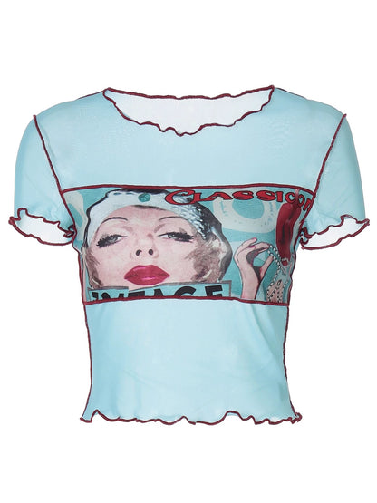 Shemoda: Roxy Vintage Tee | Nüra - Discover the Roxy Vintage Tee by Shemoda: a retro-inspired top with a ghost horse girl print and mesh panels for a bold, artistic look. - $19.00