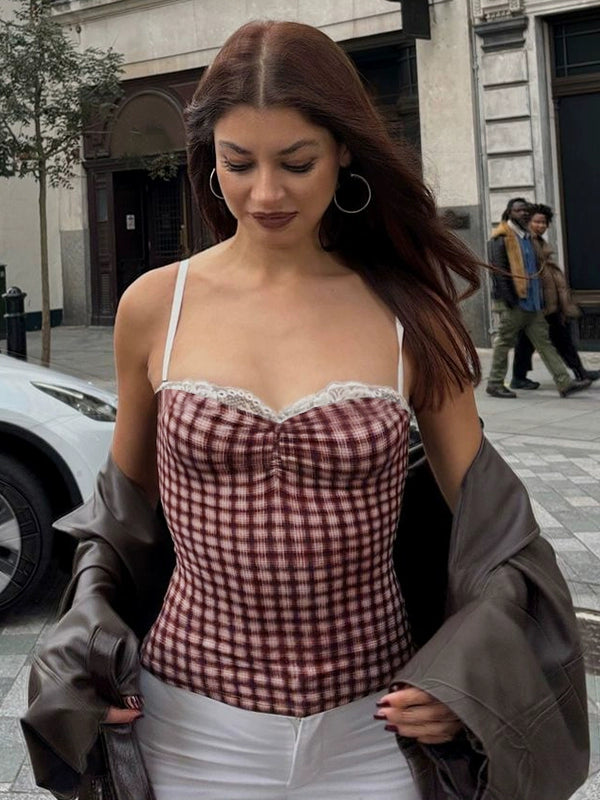 Shemoda: Sophie Sweetheart Crop | Nüra - Discover Shemoda's Sophie Sweetheart Crop: a sleeveless plaid top with lace, ruched bust, and backless design. Perfect for chic, warm-weather looks. - $17.00