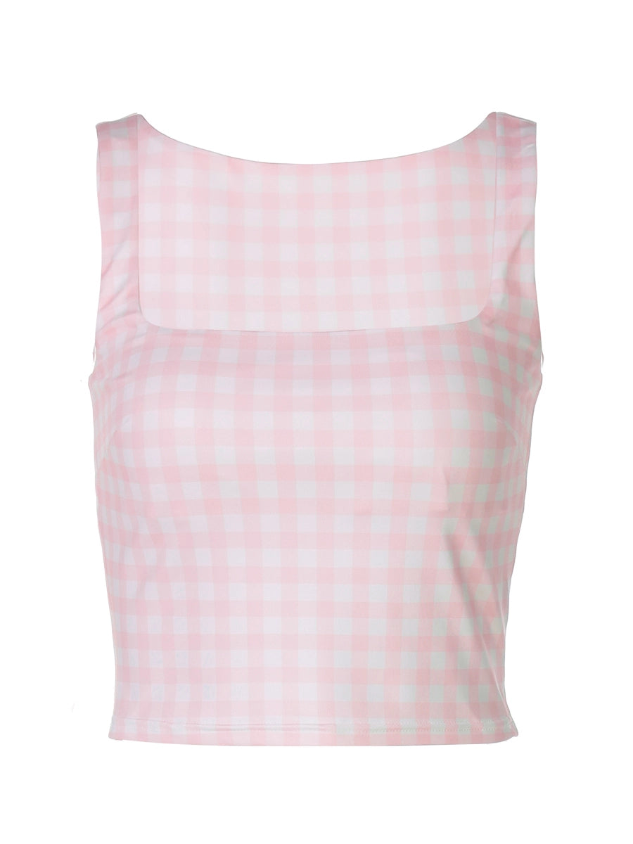 Shemoda: Nina Fun Crop | Nüra - Discover Shemoda's Nina Fun Crop: a slim-fit, checkered camisole with a square neckline. Perfect for stylish summer days. Shop now! - $17.00