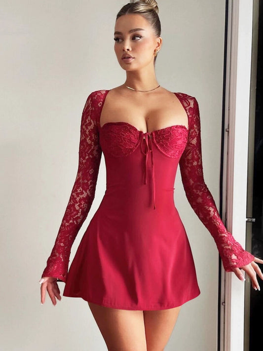 Shemoda: Scarlet Lace Dress | Nüra - Discover timeless elegance with Shemoda's Scarlet Lace Dress. Features long sleeves, backless design, and a flowing A-line skirt for a chic look. - $25.00