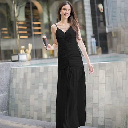 Shemoda: Alina Sheer Dress | Nüra - Discover elegance with the Alina Sheer Dress by Shemoda: double-layer mesh, deep V-neck, ruched bodice, and a flowing sheer skirt. Perfect for summer. - $25.00