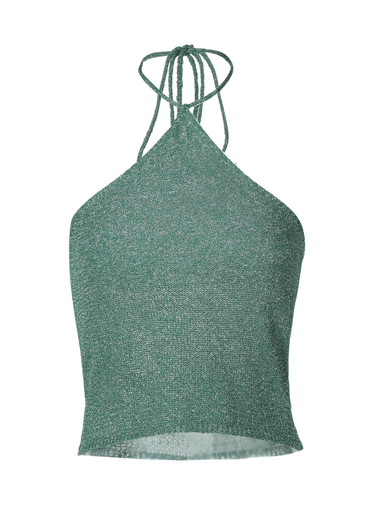 Shemoda: Saphira Rope Top | Nüra - Shine in Shemoda's Saphira Rope Top. This metallic silk crop-top with an open back and tie neck exudes confidence and unforgettable style. - $19.00