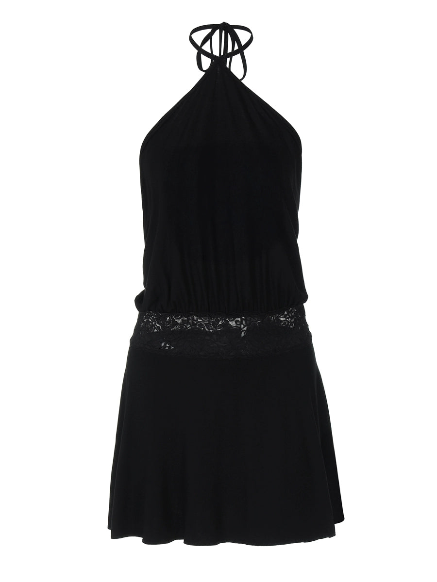 Shemoda: Sexy backless hanging neck dress design sense lace splicing waist cinching short skirt | Nüra - Discover Shemoda's sexy backless halter dress with lace splicing and waist-cinching fit. Perfect for evening events and special occasions. - $22.00