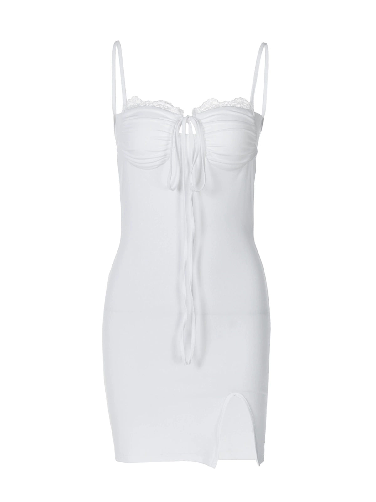 Shemoda: Elara Lace Mini Dress | Nüra - Discover elegance with Shemoda's Elara Lace Mini Dress: spaghetti straps, lace backless halter, ruched bodice, and split skirt for a chic style. - $21.00