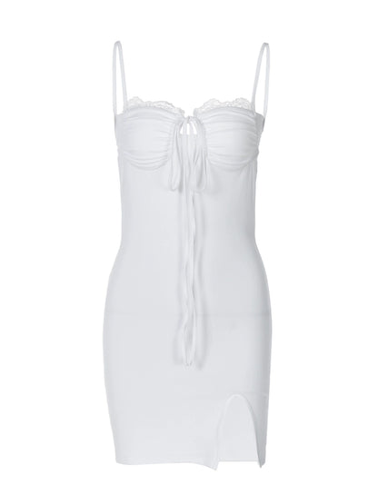 Shemoda: Elara Lace Mini Dress | Nüra - Discover elegance with Shemoda's Elara Lace Mini Dress: spaghetti straps, lace backless halter, ruched bodice, and split skirt for a chic style. - $21.00