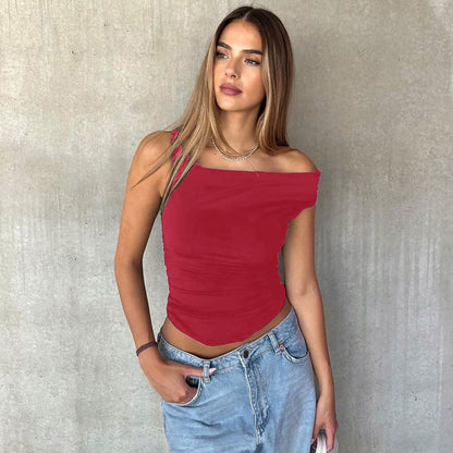 Shemoda: Sera Slant Tee | Nüra - Discover the chic Sera Slant Tee by Shemoda: a single-shoulder, asymmetrical design with ruching for a slim fit. Perfect for modern, everyday style. - $17.00