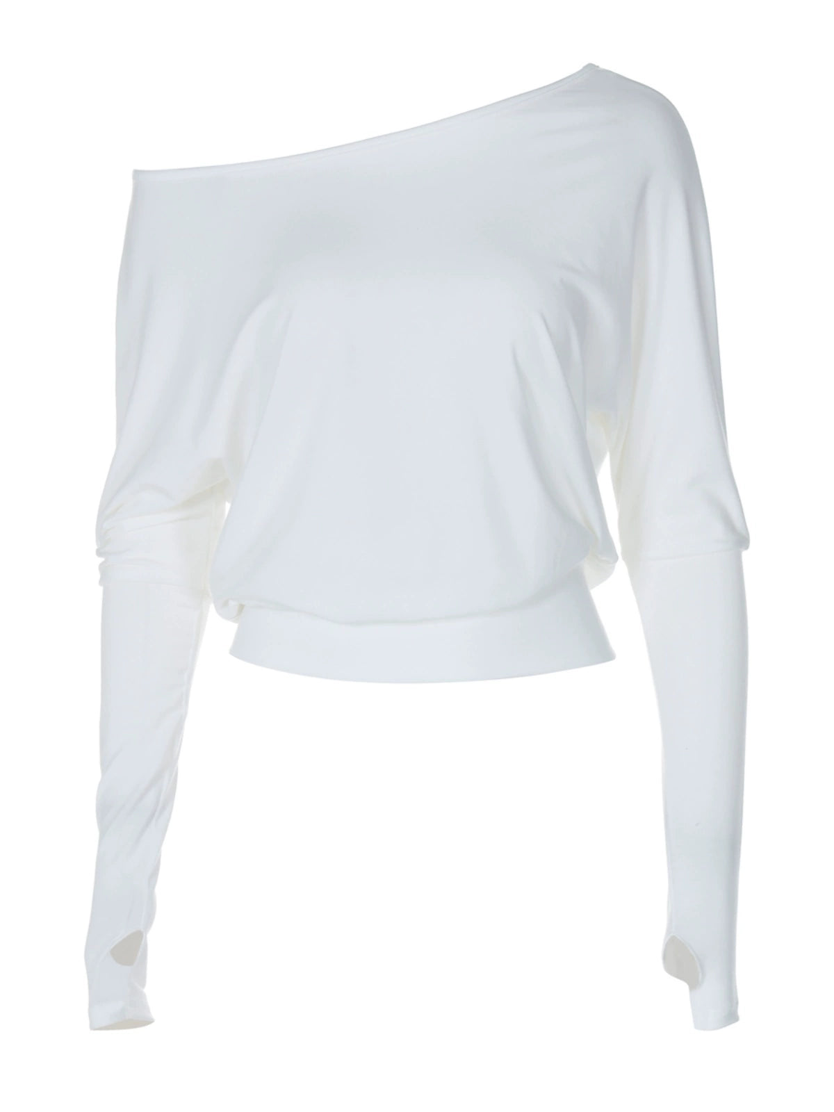 Shemoda: Riley Edge Tee | Nüra - Discover the Riley Edge Tee by Shemoda: a stylish, off-shoulder long sleeve top with an elastic waist and bare finger detail for modern elegance. - $19.00