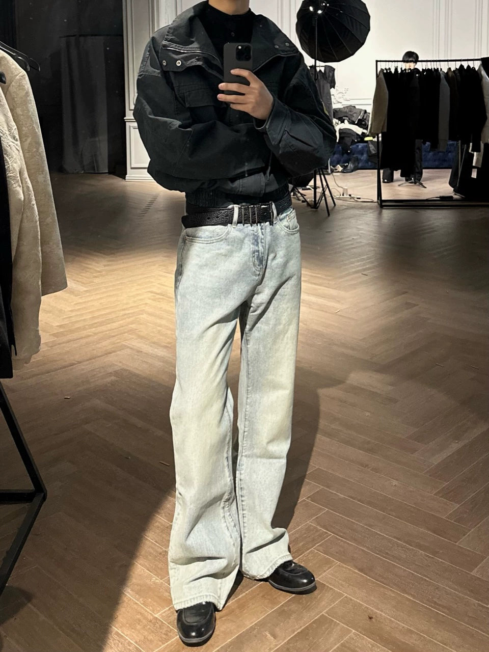 MUKHINA: Vintage Wash Micro Flared Jeans | Nüra - Unisex Vintage Wash Micro Flared Jeans by MUKHINA: Durable, stretchy, USA-made denim with timeless water-distressed detailing. - $106.00