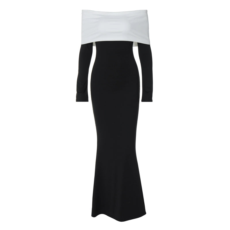 Shemoda: Pia Classic Dress | Nüra - Elevate your style with Shemoda's Pia Classic Dress. Elegant black gown, white off-shoulder neckline, long sleeves, and a flattering silhouette. - $20.00