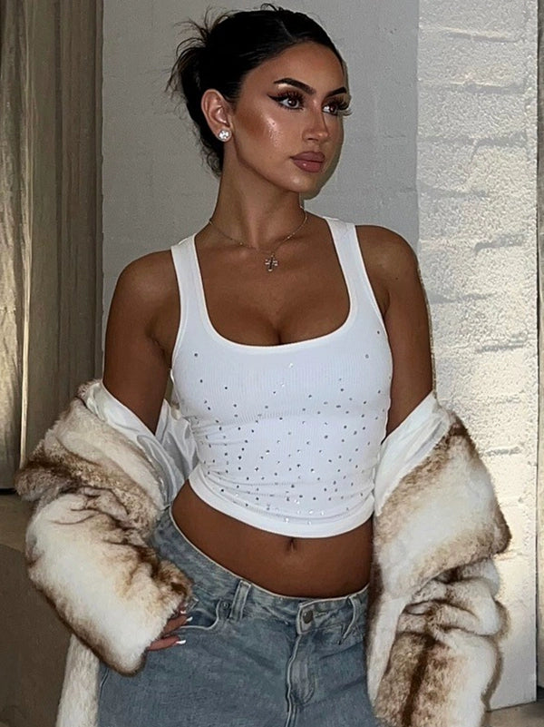 Shemoda: Vail Ribbed Tank | Nüra - Elevate your summer style with Shemoda's Vail Ribbed Tank. Square neckline, stretchy fit, and rhinestone details for effortless elegance. - $17.00