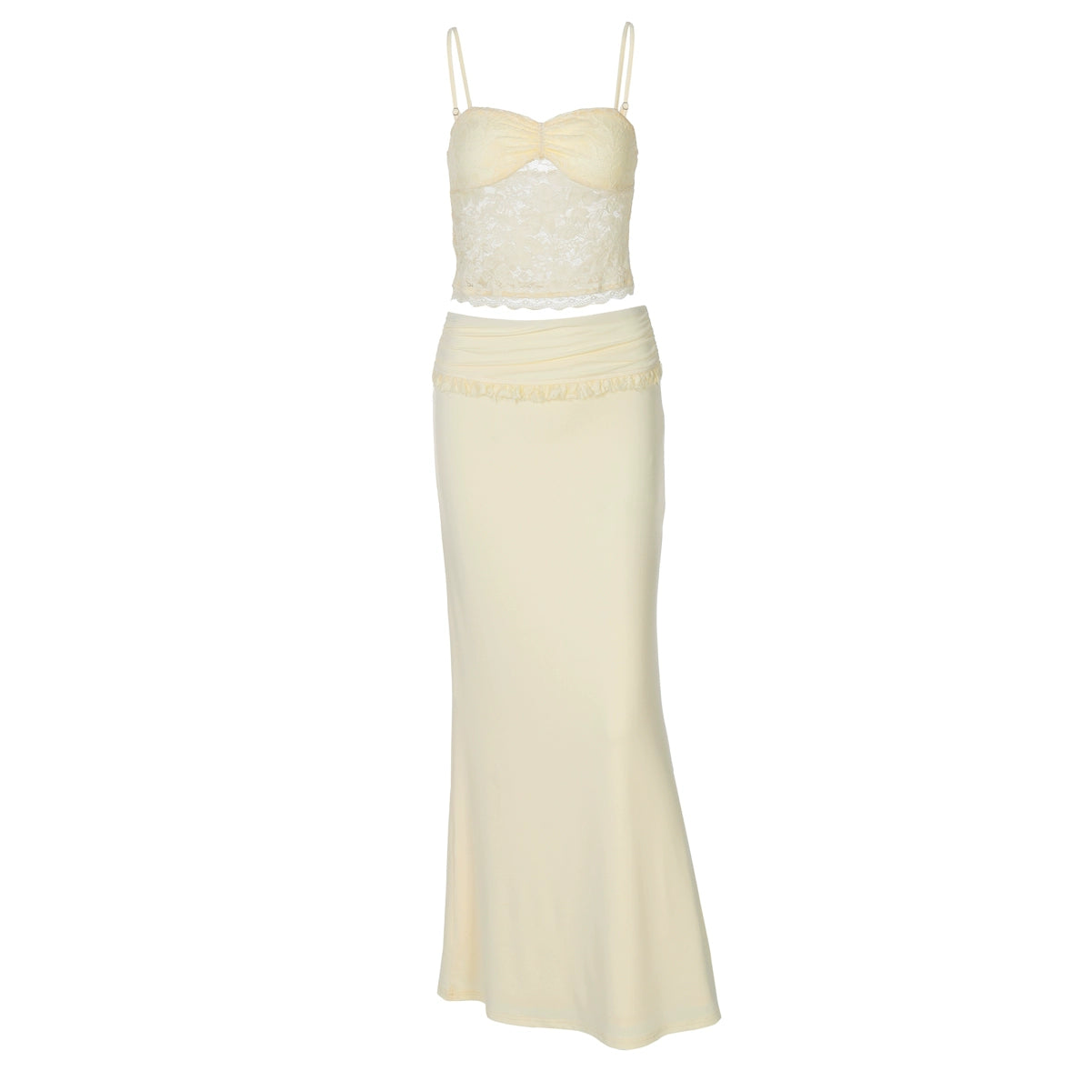 Shemoda: Isabelle Maxi Dress | Nüra - Discover the Isabelle Maxi Dress by Shemoda: a romantic lace bustier and ruffled maxi skirt set, perfect for any special occasion. - $31.00
