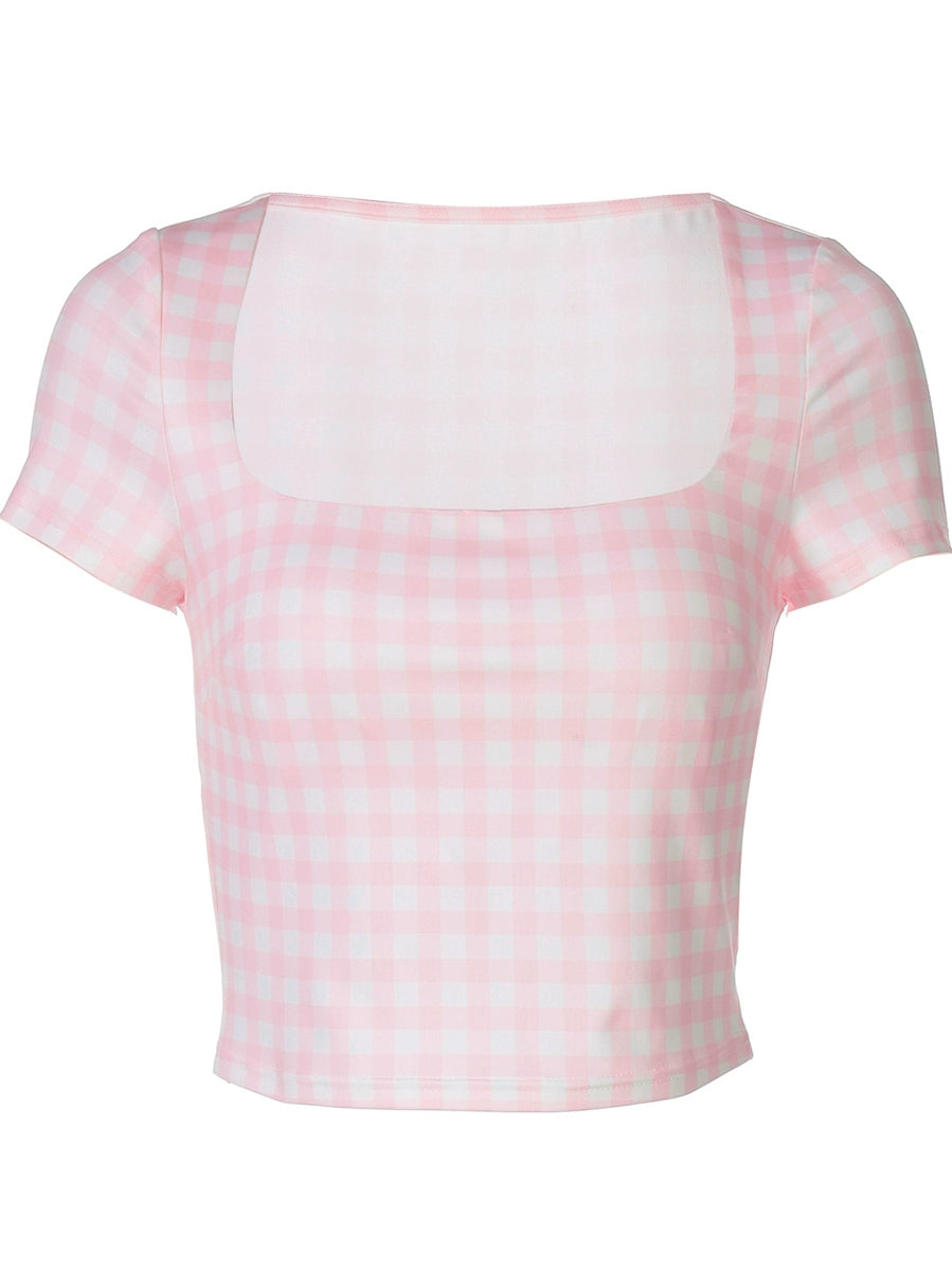 Shemoda: Nora Gingham Tee | Nüra - Chic Nora Gingham Tee by Shemoda: French-inspired crop top with square neckline, slim fit, and exposed navel. Perfect for a stylish summer look. - $17.00