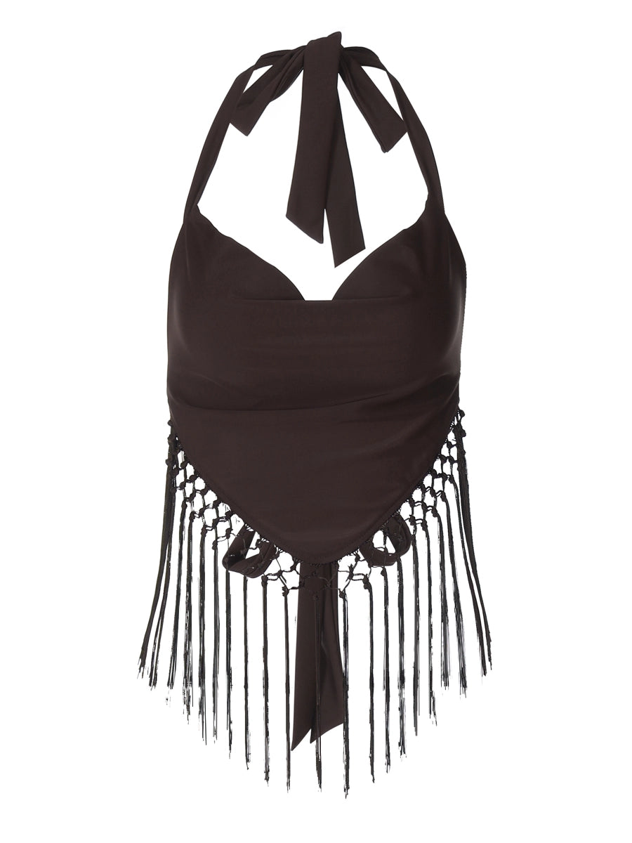 Shemoda: Saffron Halter Top | Nüra - Discover Shemoda's Saffron Halter Top: a stylish, backless crop with adjustable straps and fringe hem, perfect for a boho festival-ready summer look. - $19.00
