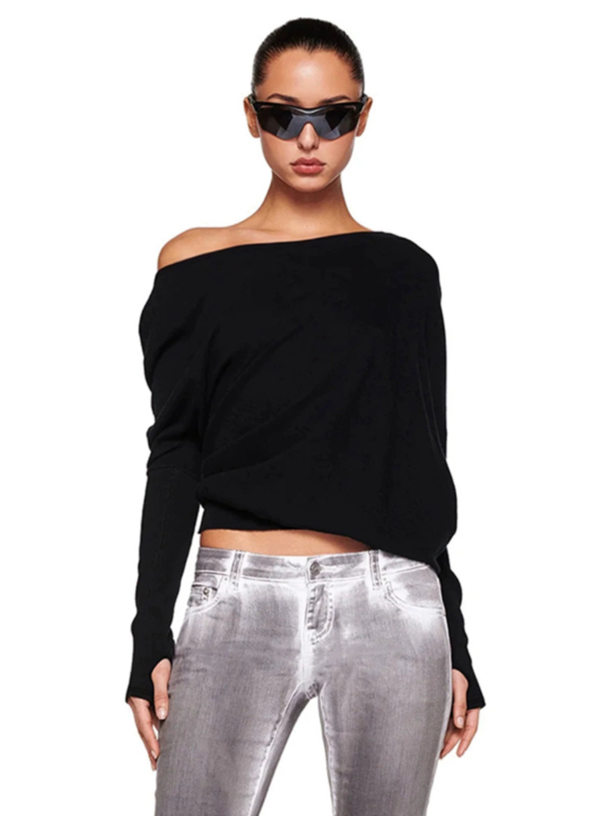 Shemoda: Riley Edge Tee | Nüra - Discover the Riley Edge Tee by Shemoda: a stylish, off-shoulder long sleeve top with an elastic waist and bare finger detail for modern elegance. - $19.00