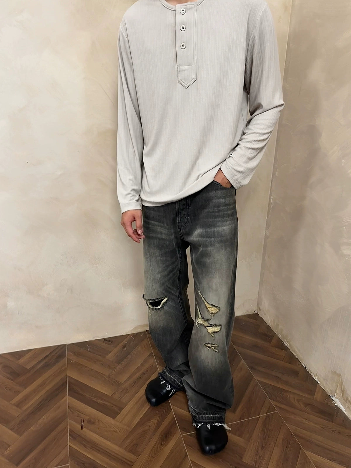 MUKHINA: Damaged Loose Straight Fit Jeans | Nüra - Discover MUKHINA's Damaged Loose Straight Fit Jeans with unique black & yellow detailing and tassel patches for a trendy, authentic style. - $92.00