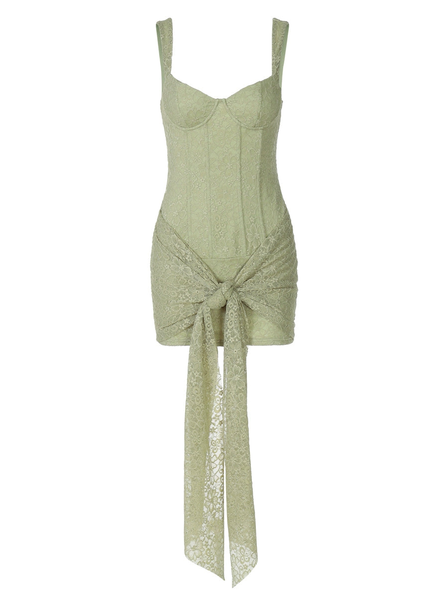 Shemoda: Oriana Mini Dress | Nüra - Discover elegance with Shemoda's Oriana Mini Dress. Featuring a corset bodice, lace overlay, and stretch fabric for a chic, comfortable fit. - $36.00