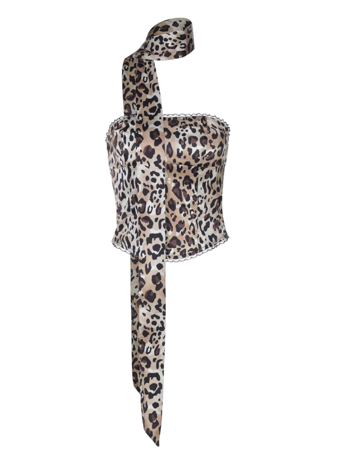 Shemoda: Aurora Wild Wrap Top | Nüra - Discover Shemoda's Aurora Wild Wrap Top: a sexy, strapless leopard print with lace patchwork and sash belt for a bold, elegant style. - $19.00