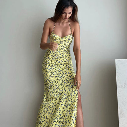 Shemoda: Flora Blossom Dress | Nüra - Discover Shemoda's Flora Blossom Dress: an elegant, sleeveless maxi with a tie-back neckline. Yellow with blue florals for a fresh, confident style. - $19.00