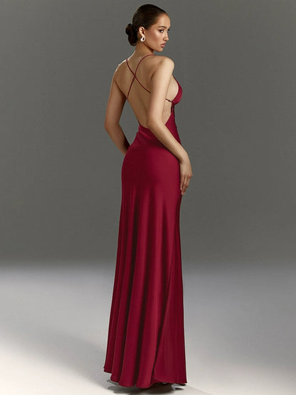 Shemoda: Celia Long Gown | Nüra - Discover elegance with Shemoda's Celia Long Gown. Deep V-neck, high waist, and split skirt create a chic silhouette for any formal occasion. - $22.00