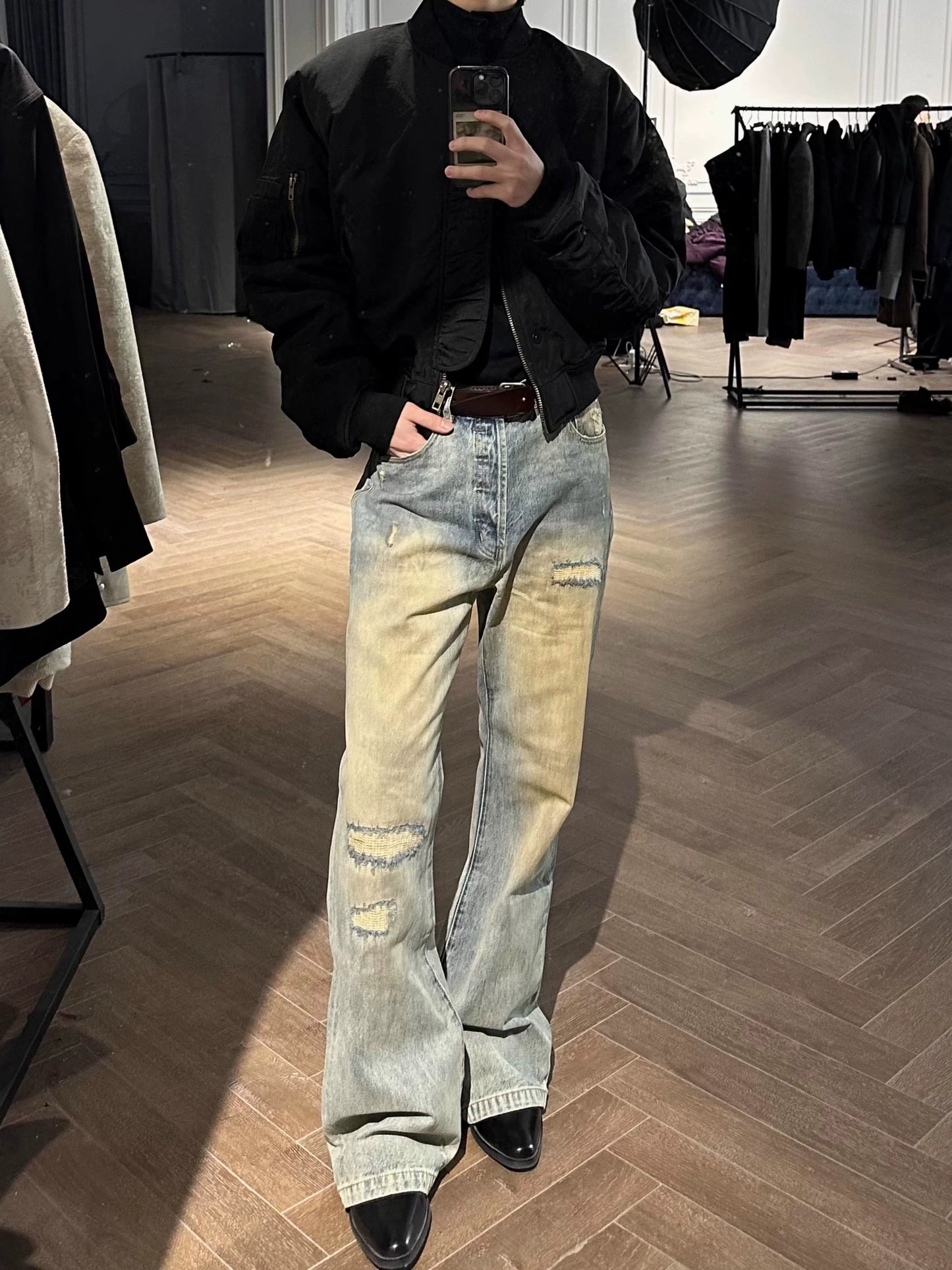 MUKHINA: Distressed Micro Brushed Flared Jeans | Nüra - Discover MUKHINA's Distressed Micro Brushed Flared Jeans for men, blending modern style with comfort. Perfect fit with a subtle distressed look. - $100.00