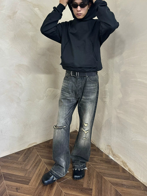 MUKHINA: Damaged Loose Straight Fit Jeans | Nüra - Discover MUKHINA's Damaged Loose Straight Fit Jeans with unique black & yellow detailing and tassel patches for a trendy, authentic style. - $92.00