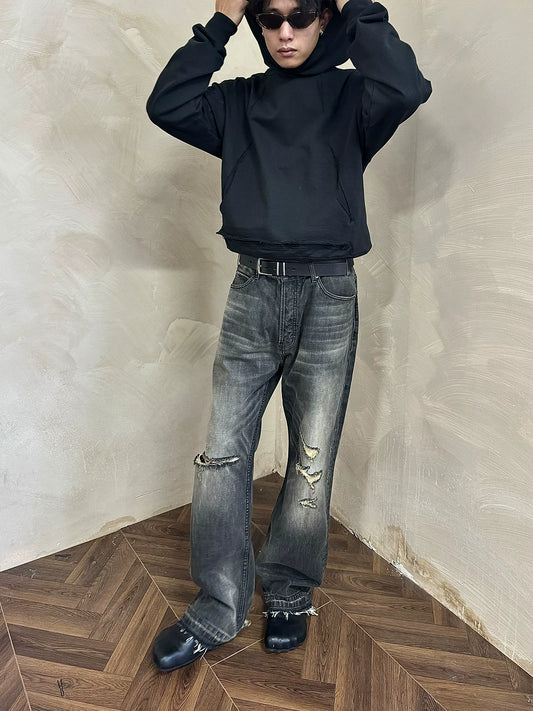 MUKHINA: Damaged Loose Straight Fit Jeans | Nüra - Discover MUKHINA's Damaged Loose Straight Fit Jeans with unique black & yellow detailing and tassel patches for a trendy, authentic style. - $92.00