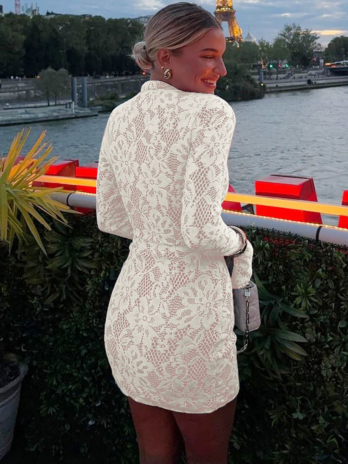 Shemoda: Ivory Lace Dress | Nüra - Discover elegance with Shemoda's Ivory Lace Dress. Featuring floral lace, a slim fit, and flared cuffs, it's perfect for any refined occasion. - $31.00